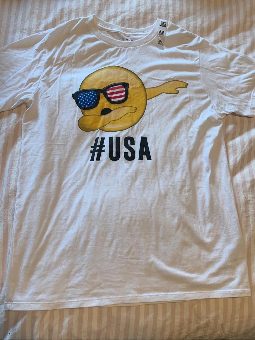 Place White Short Sleeve Tee with Yellow Emoji and Flag Sunglasses
